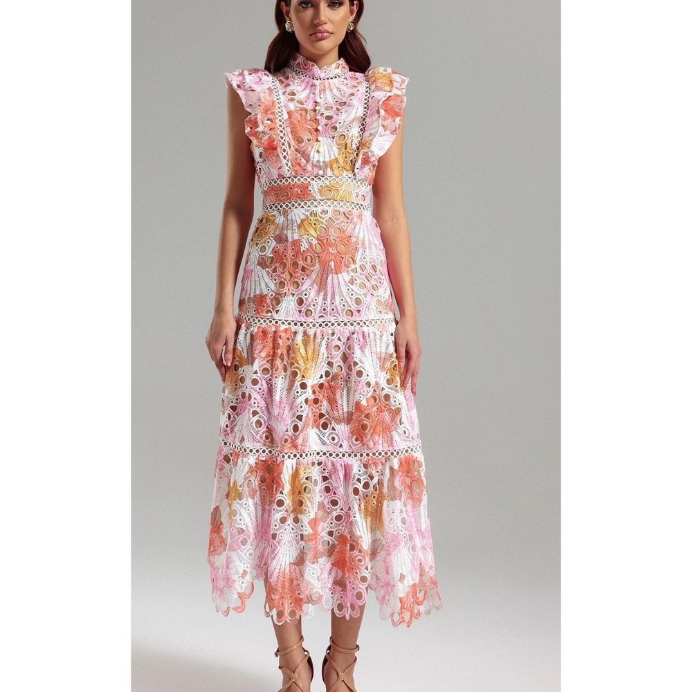 Ksenia Sleeveless Lace Midi Dress Pink Orange Small New In Packaging